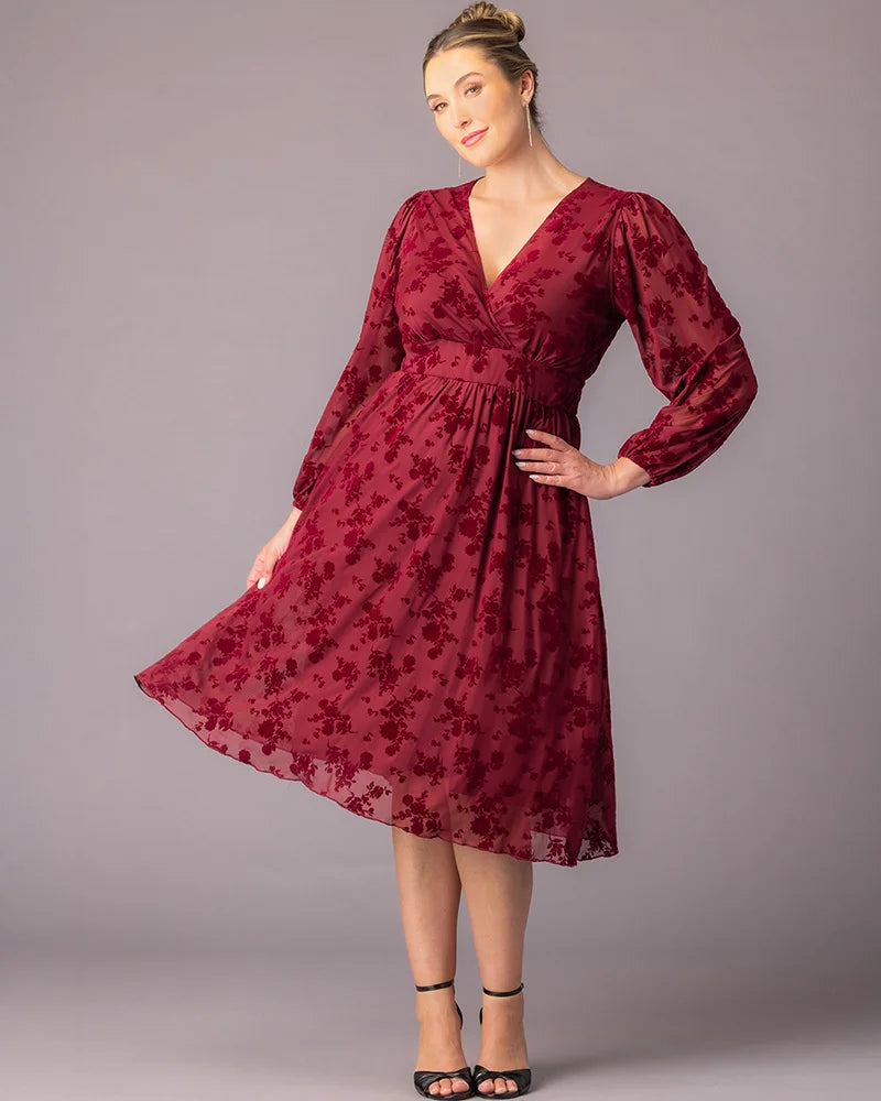 Plus Size Dresses Short Floral Midi Cocktail Plus Size Dress Kiyonna 17253601 Bordeaux Flocked Florals