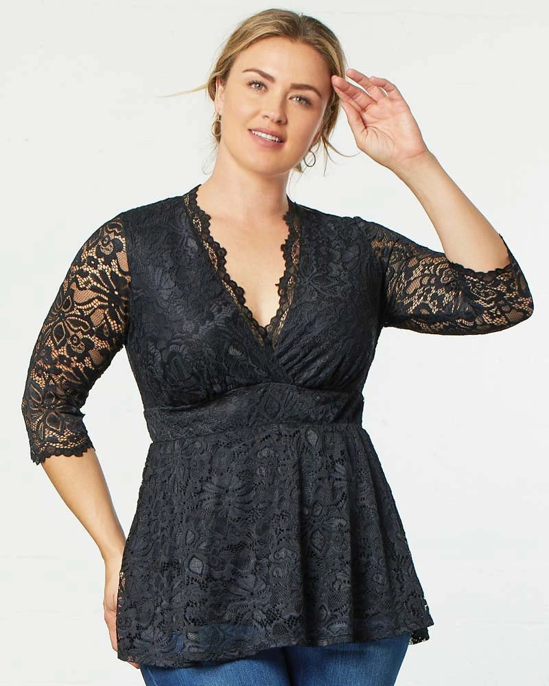 V-Neck 3/4 Sleeve Lace Fit & Flare Plus Size Top Kiyonna KY21120905