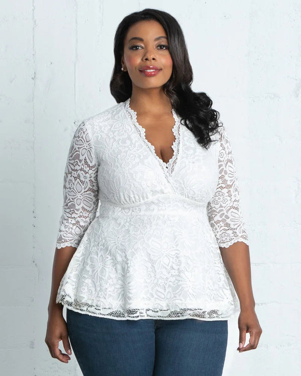 V-Neck 3/4 Sleeve Lace Fit & Flare Plus Size Top Kiyonna 21120905