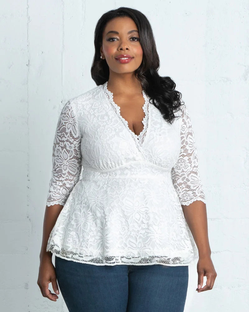 V-Neck 3/4 Sleeve Lace Fit & Flare Plus Size Top Kiyonna KY21120905
