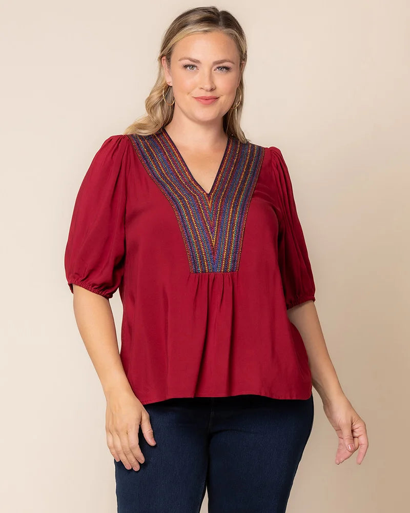 Crimson Red V-Neck Half Sleeve Woven Casual Blouse Embroidered Plus Size Top Kiyonna 22262702
