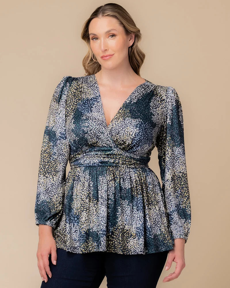 Top Long Sleeve Formal Top Blue Impressionist Print