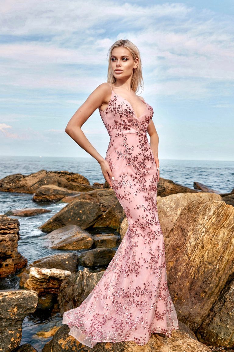 V-Neck Floor-Length Beaded Mesh Formal Mermaid Gown - Tina Holly TYTW049