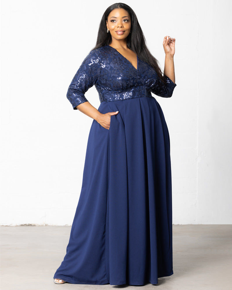 Plus Size Dresses Sequin Pleated Long Formal Plus Size Dress Kiyona 14190901 Nocturnal Navy