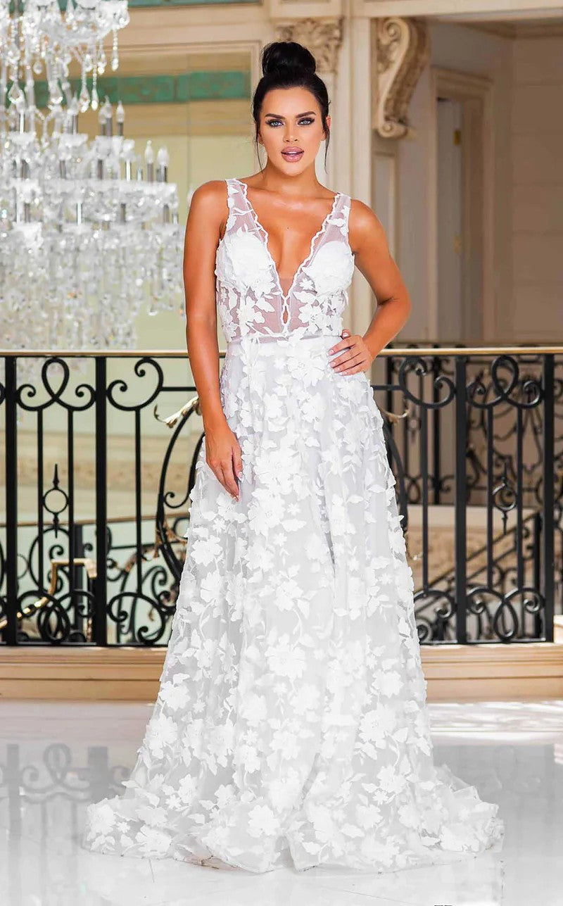 Wedding Dresses A Line Long 3D Lace Floral Wedding Dress White