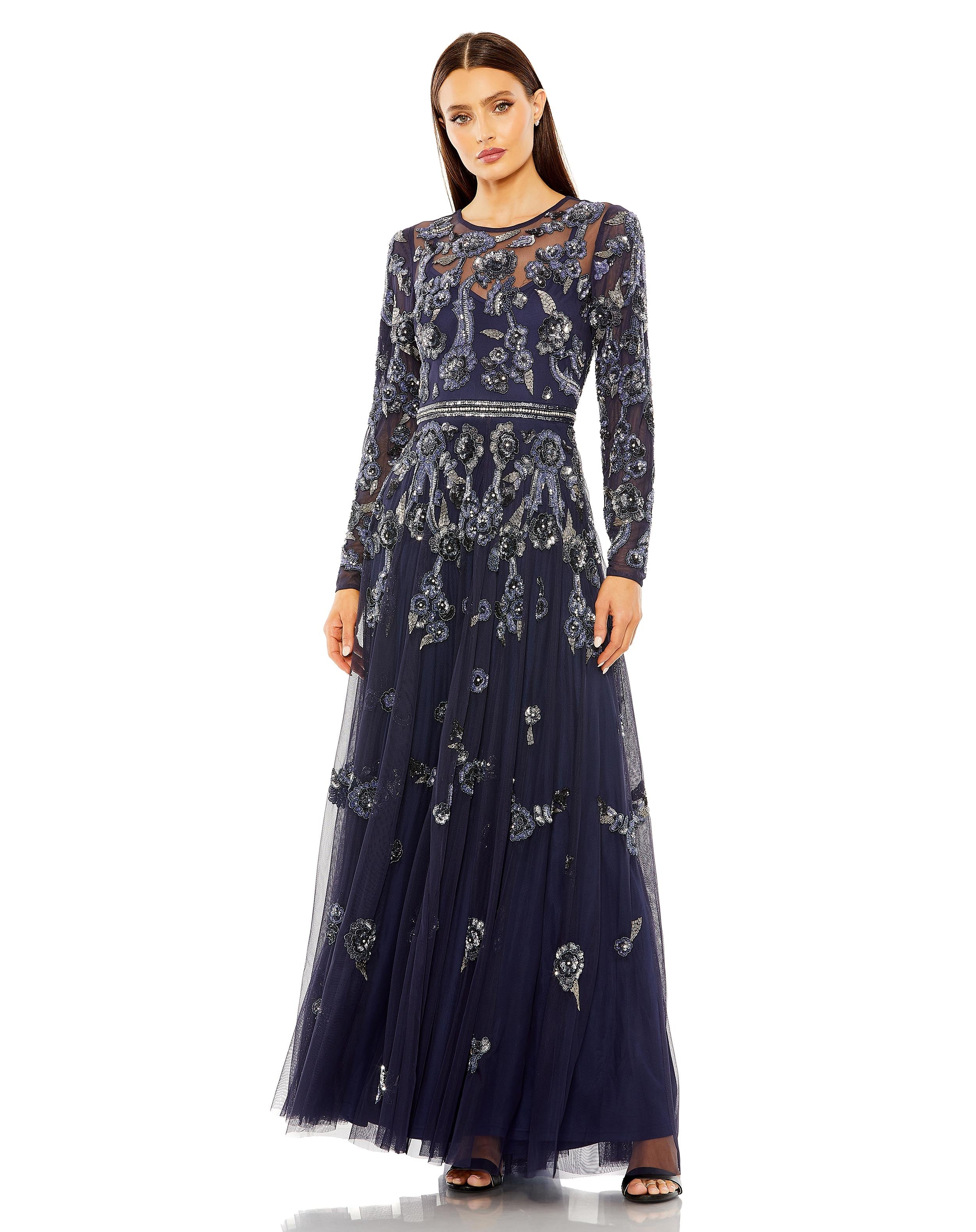 Formal Dresses Long Sleeve Beaded A Line Formal Dress Midnight Multi