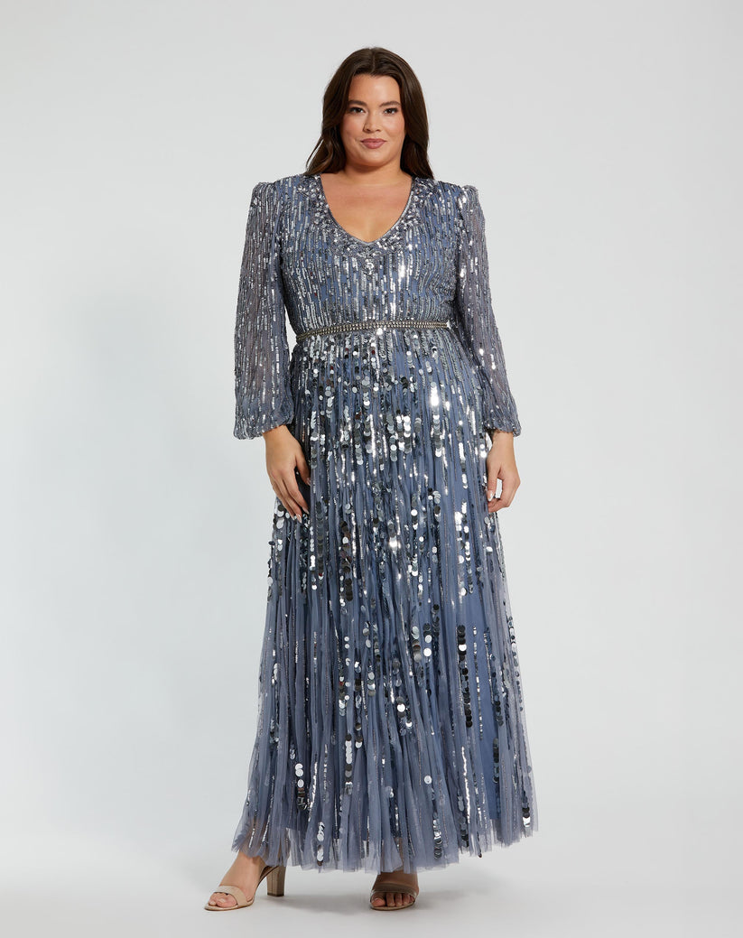 Mac Duggal 10019 Long Sleeve Formal Sequin Plus Size Dress