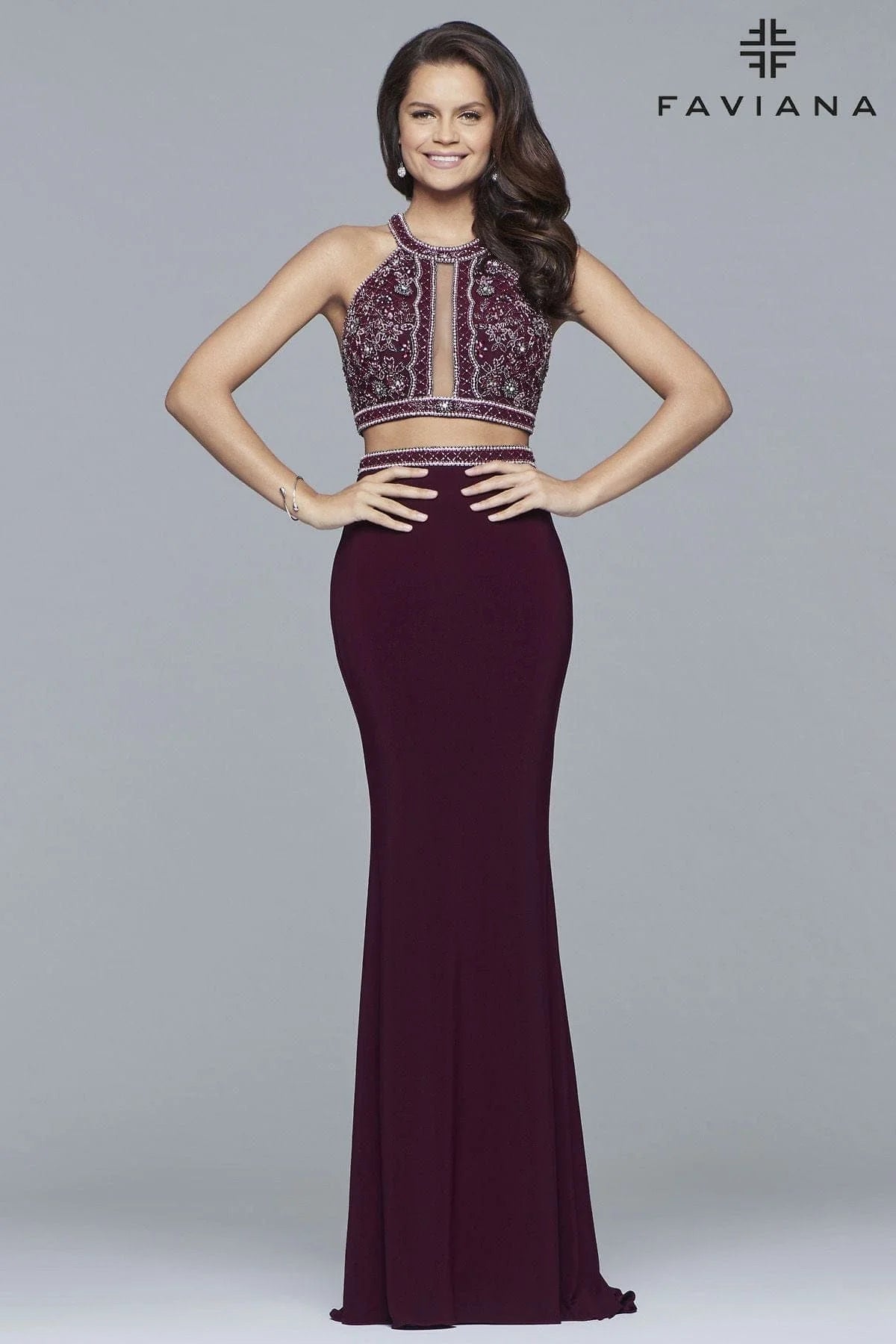 Faviana 10019 Beaded Long Formal Two Piece Prom Dress