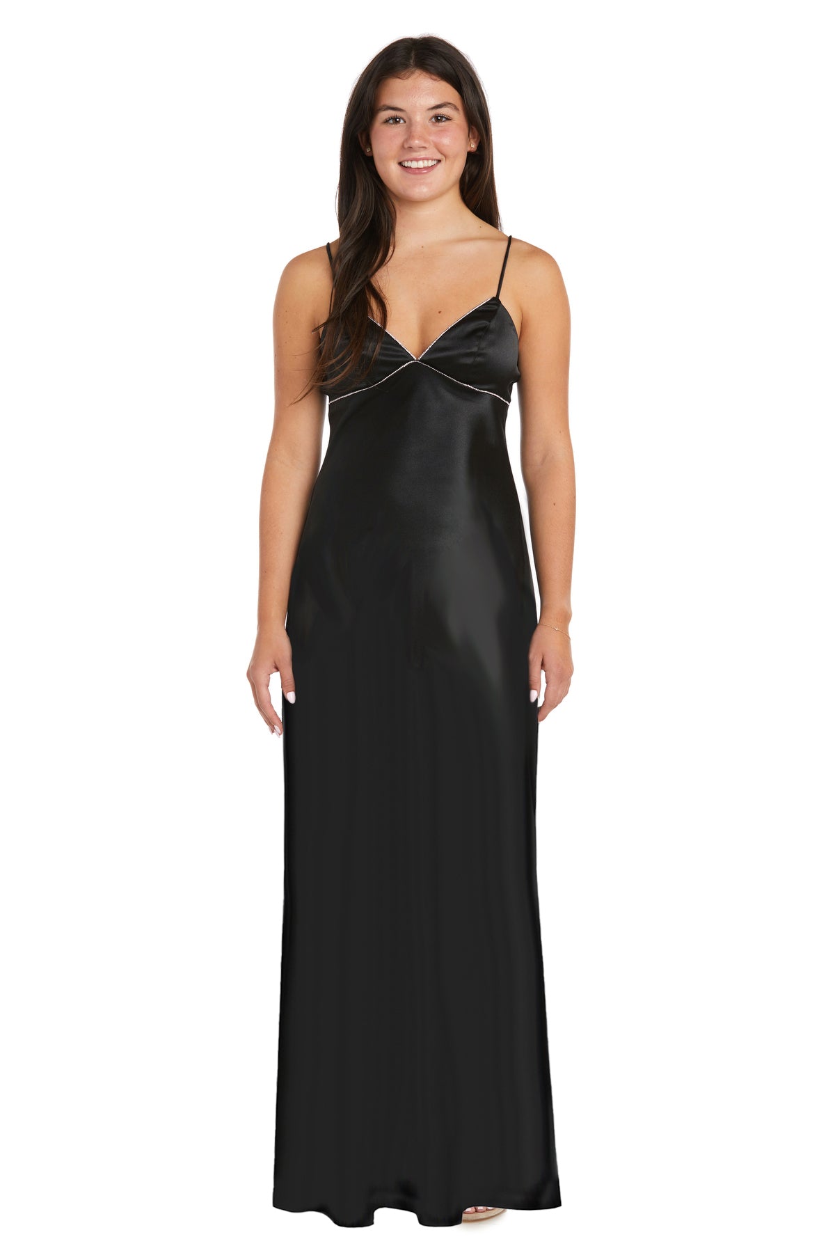 Morgan & Co. Long Satin Rhinestone Trim Dress, Size XS, Black