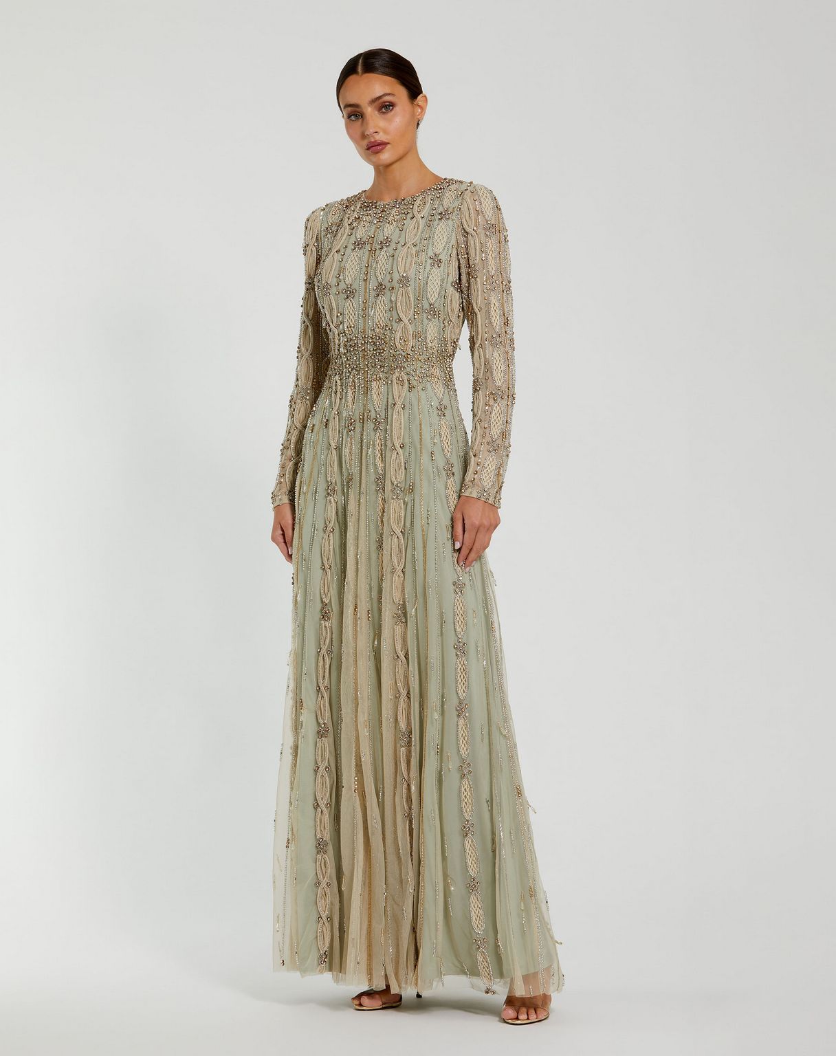 Green Embellished Mesh Long Sleeve A Line Gown - Mac Duggal Nude Sage / US 6 Green Embellished Mesh Long Sleeve A Line Gown - Mac Duggal Nude Sage / US 6