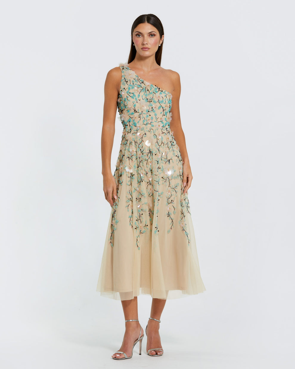 Cocktail Dresses Floral Midi Short Evening Cocktail Dress Mac Duggal 10086 Nude Multi