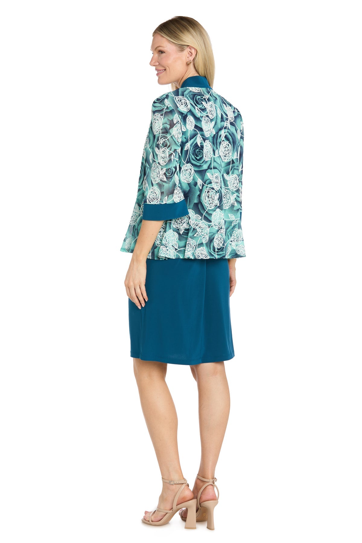Teal/Blue R&M Richards 1009 Scoop Neck Knee-Length Floral Cocktail Print Dress