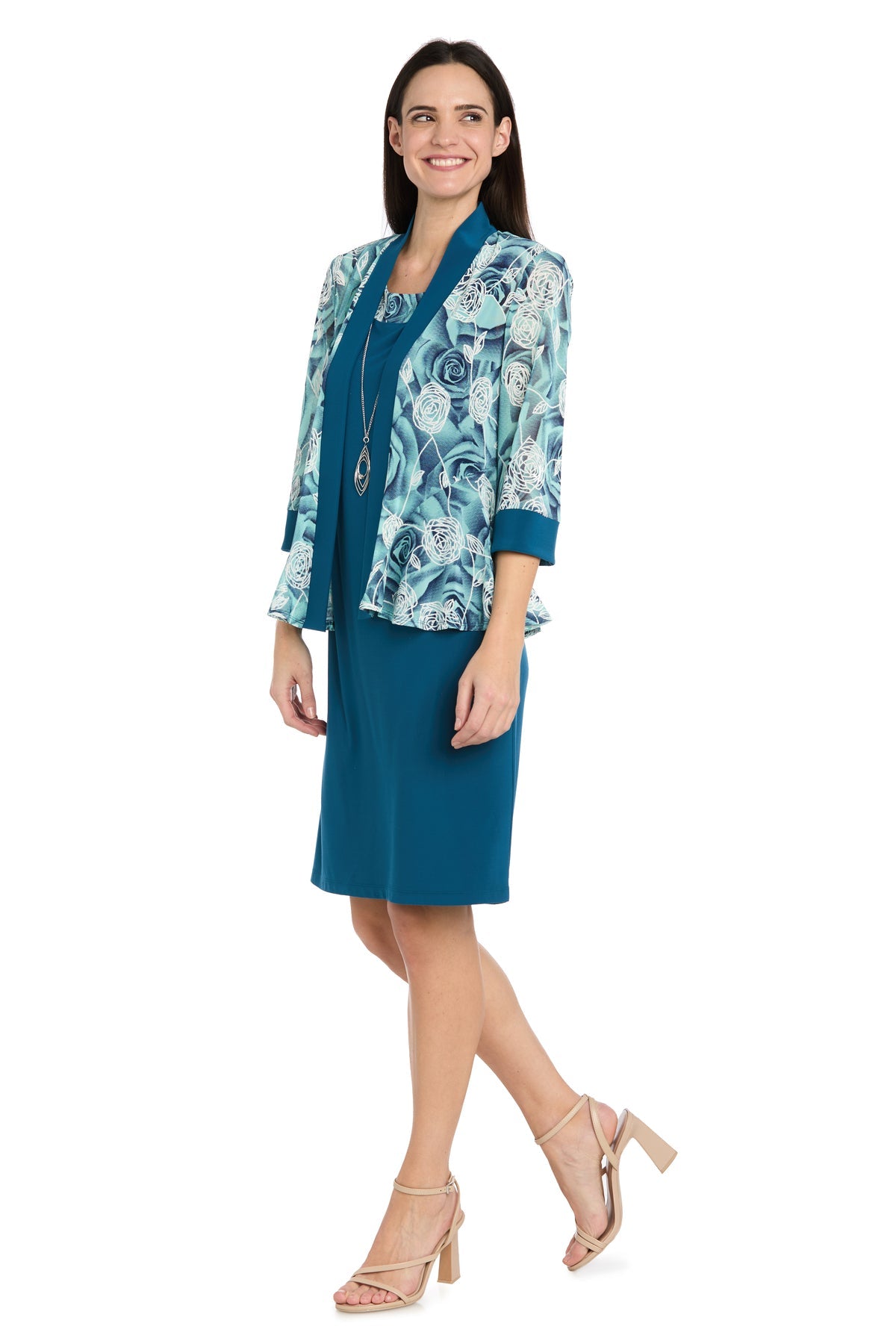 Scoop Neck Knee-Length Jersey Cocktail Dress by R&M Richards 1009P in Teal/Blue