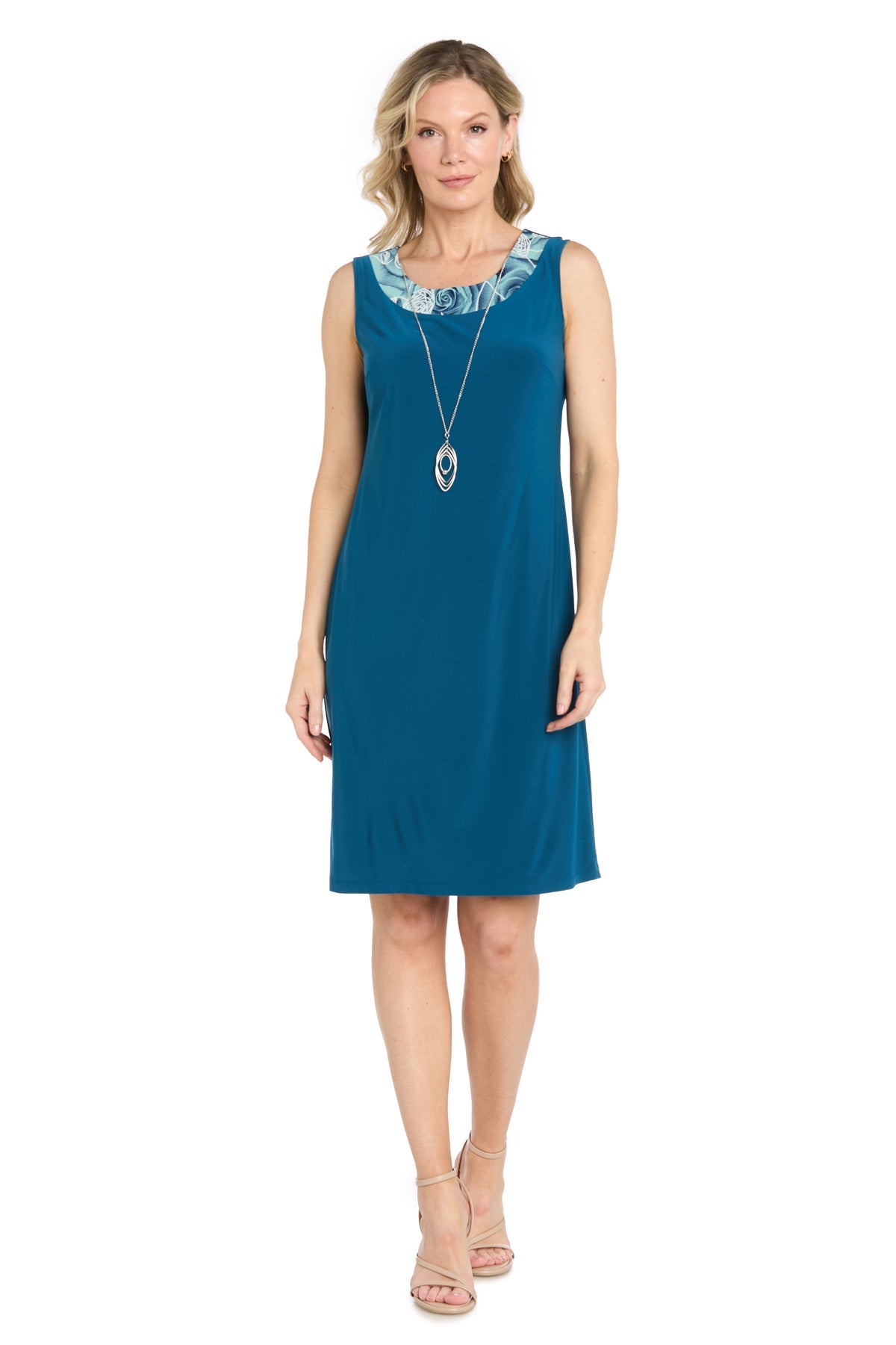 Teal/Blue R&M Richards 1009 Scoop Neck Knee-Length Floral Cocktail Print Dress