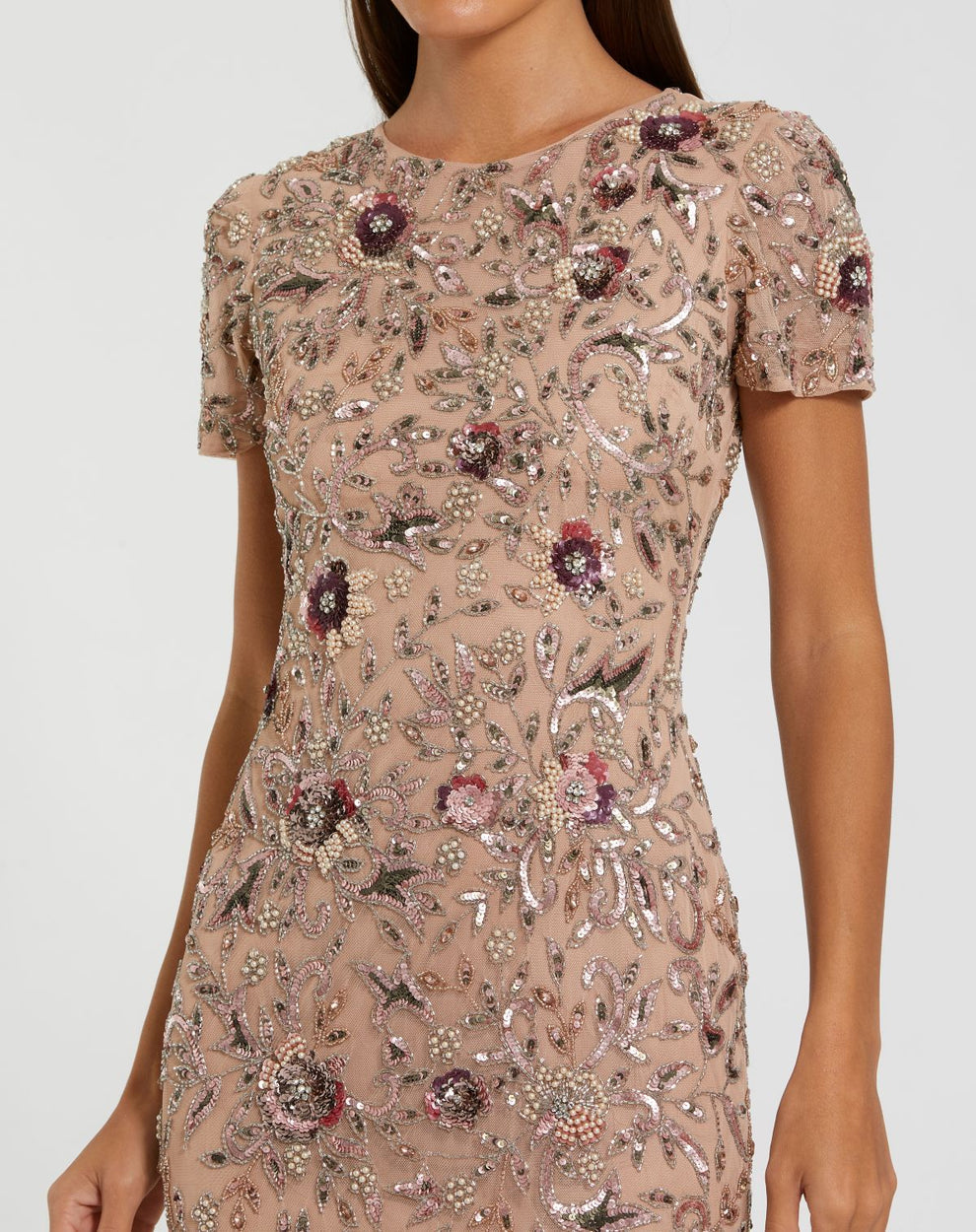 Cocktail Dresses Midi Length Cocktail Short Floral Applique Dress Mocha