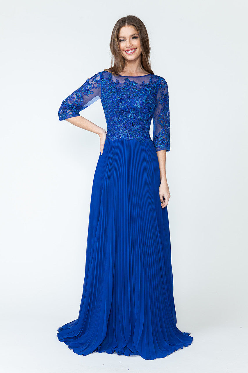 Mother of the Bride Dresses Pleated Long Formal Metallic Mother of the Bride Dress Lenovia 8145 Royal Blue