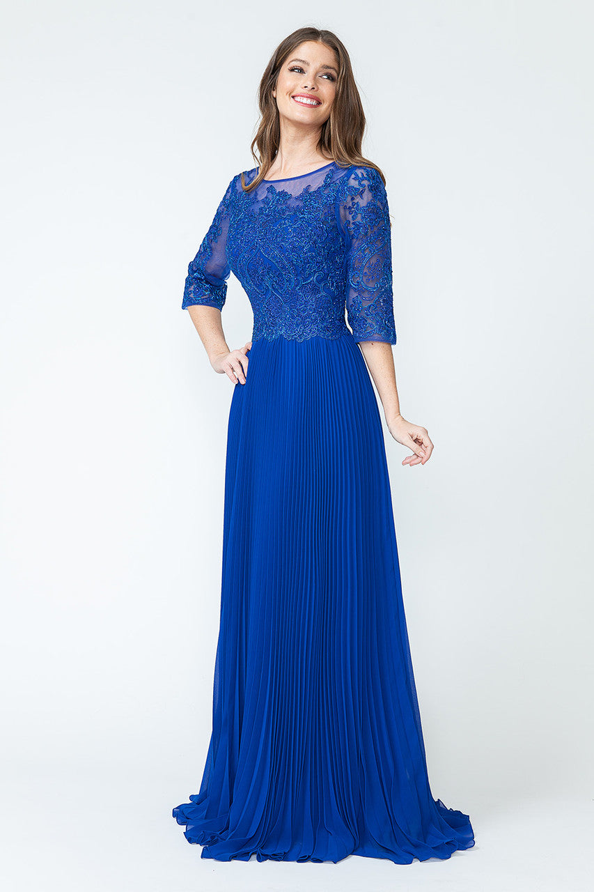 Mother of the Bride Dresses Pleated Long Formal Metallic Mother of the Bride Dress Lenovia 8145 Royal Blue