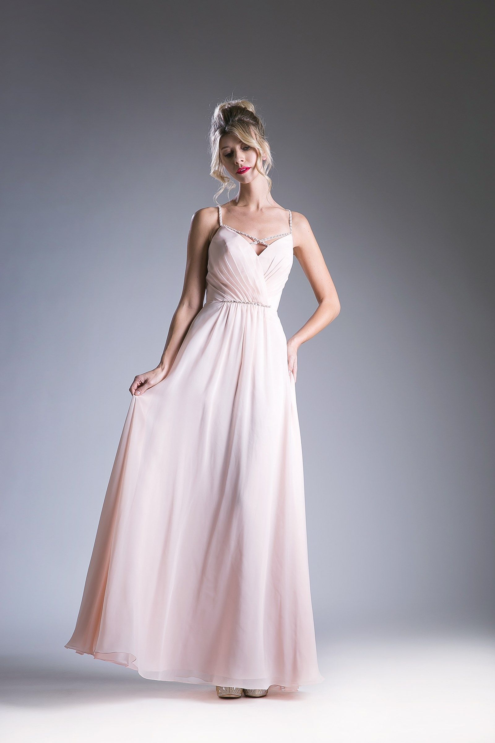 Prom Dresses Pleated A Line Long Formal Beaded Prom Dress Blush
