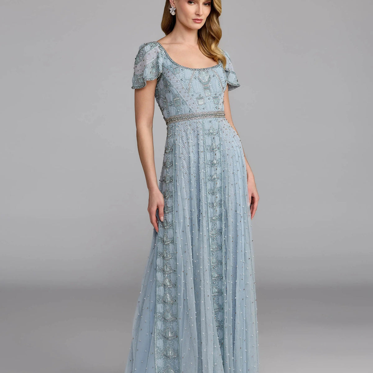 slate blue lace dress Gray Bishop Sleeve Printed Cotton A-Line Dress