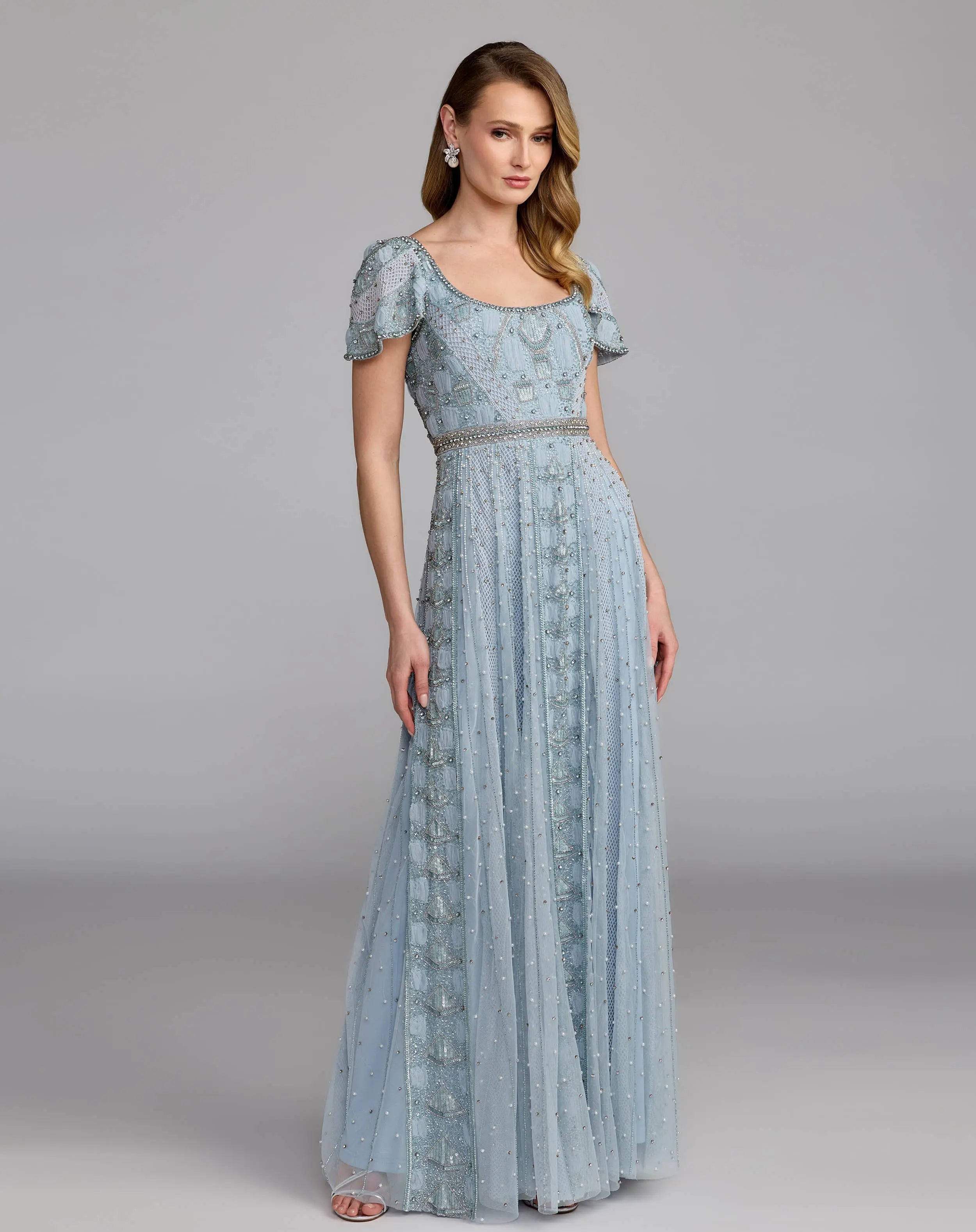 Slate Blue Scoop Neck Floor-Length Beaded Mesh Formal Gown with Flutter Sleeves Mac Duggal 10116