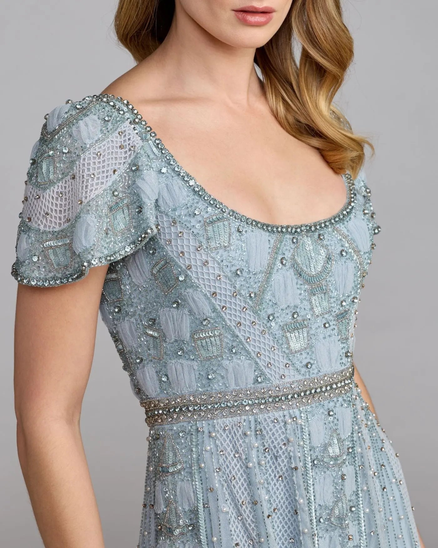 Slate Blue Scoop Neck Floor-Length Beaded Mesh Formal Gown with Flutter Sleeves Mac Duggal 10116