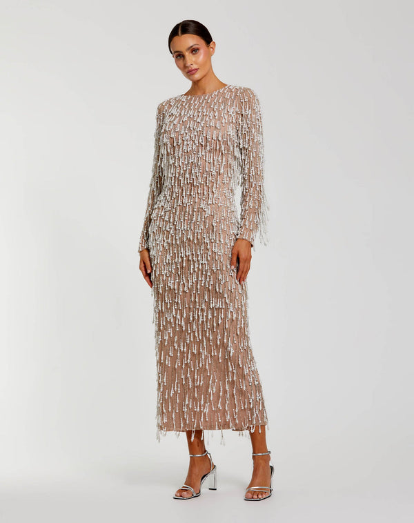 Long Sleeve Tea Length Beaded Short Cocktail Dress Mac Duggal 10120