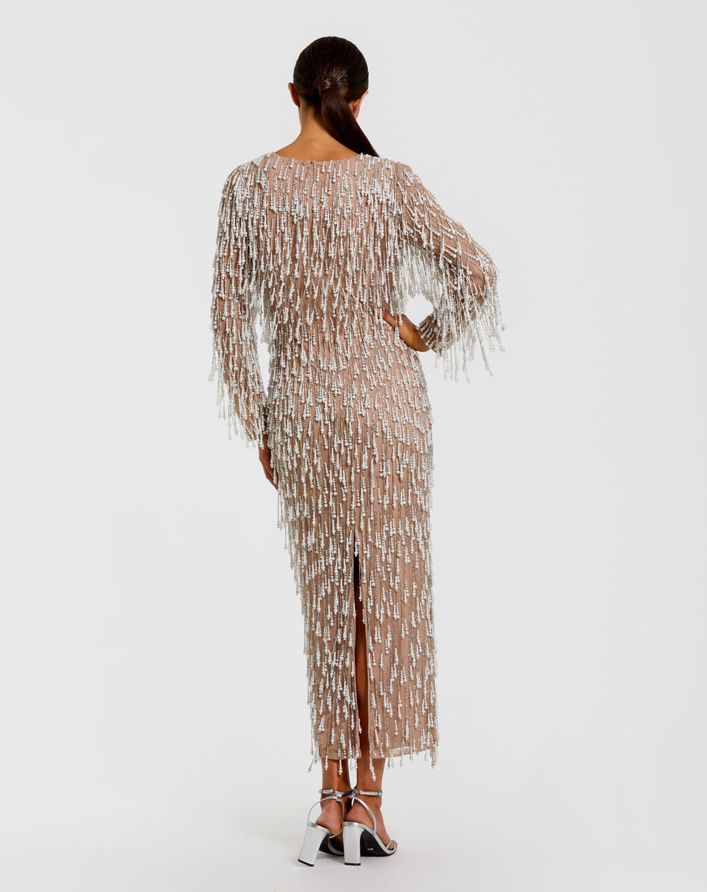 Cocktail Dresses Long Sleeve Tea Length Beaded Short Cocktail Dress Mac Duggal 10120 Ivory Nude