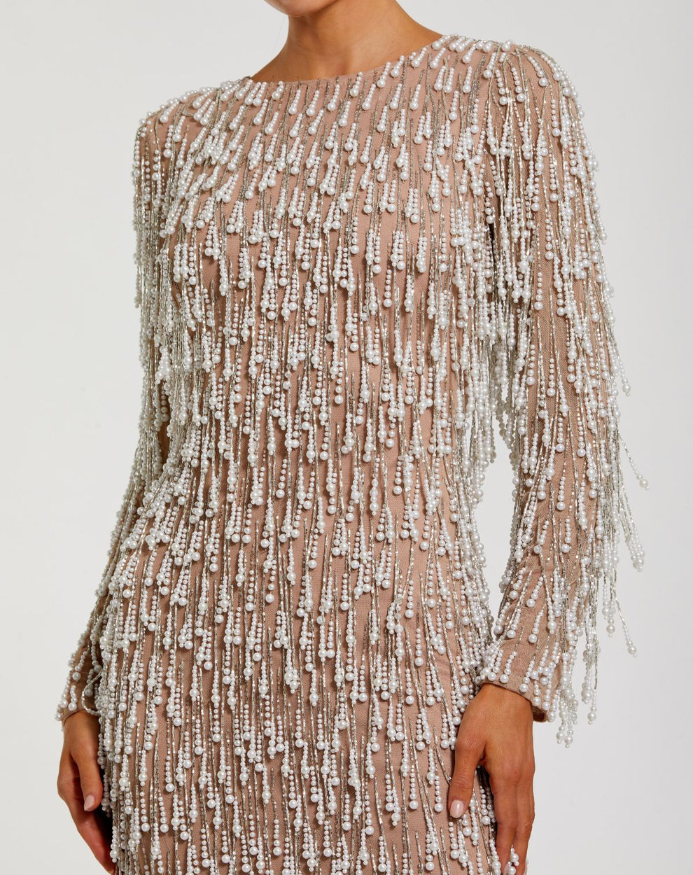 Cocktail Dresses Long Sleeve Tea Length Beaded Short Cocktail Dress Mac Duggal 10120 Ivory Nude