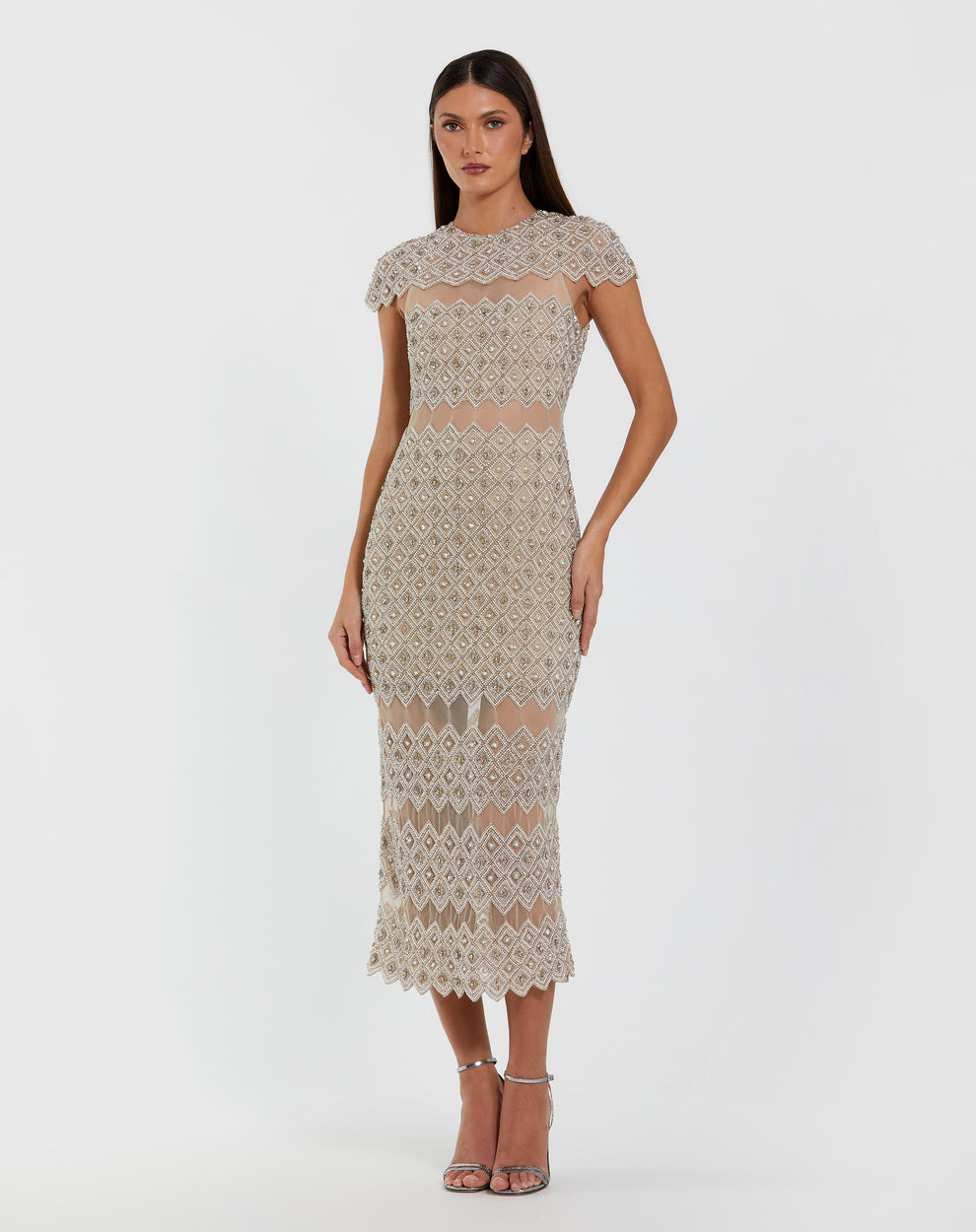 Mac Duggal Women's Beaded Mesh Fitted Midi Dress with Sheer Panels - Tan/Beige - Size 8
