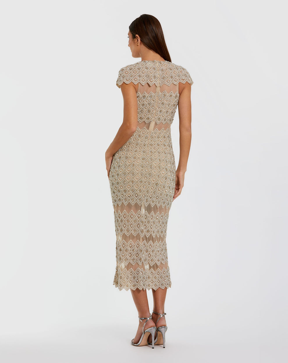 Cocktail Dresses Sequin Fitted Beaded Midi Cocktail Dress Ivory Nude
