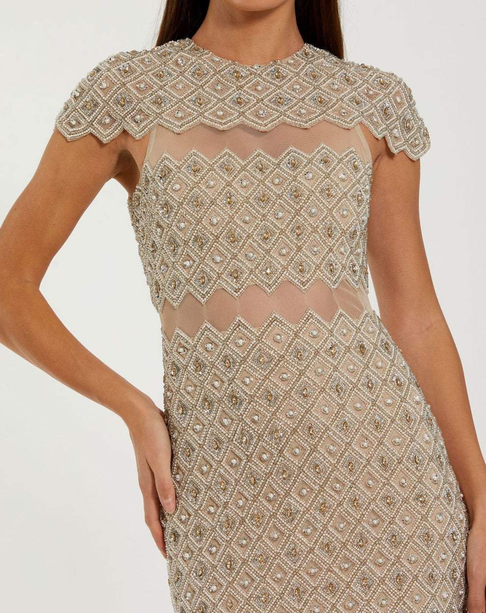 Cocktail Dresses Sequin Fitted Beaded Midi Cocktail Dress Ivory Nude