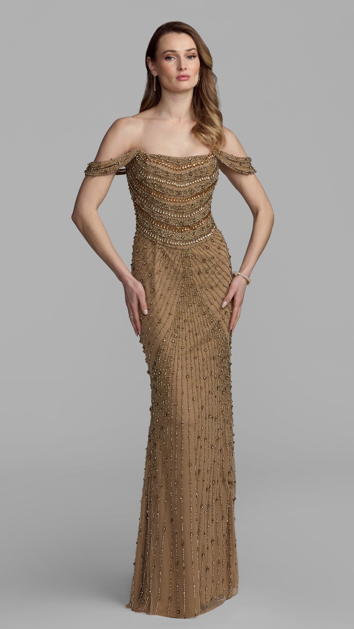 Mac Duggal style 10148 in Nutmeg, front view