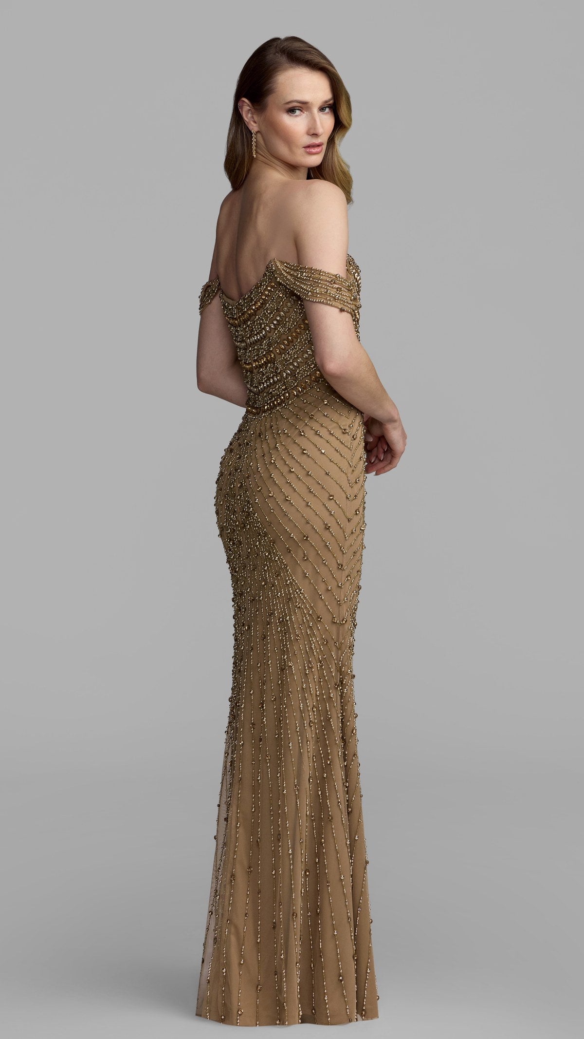 Mac Duggal style 10148 in Nutmeg, back view