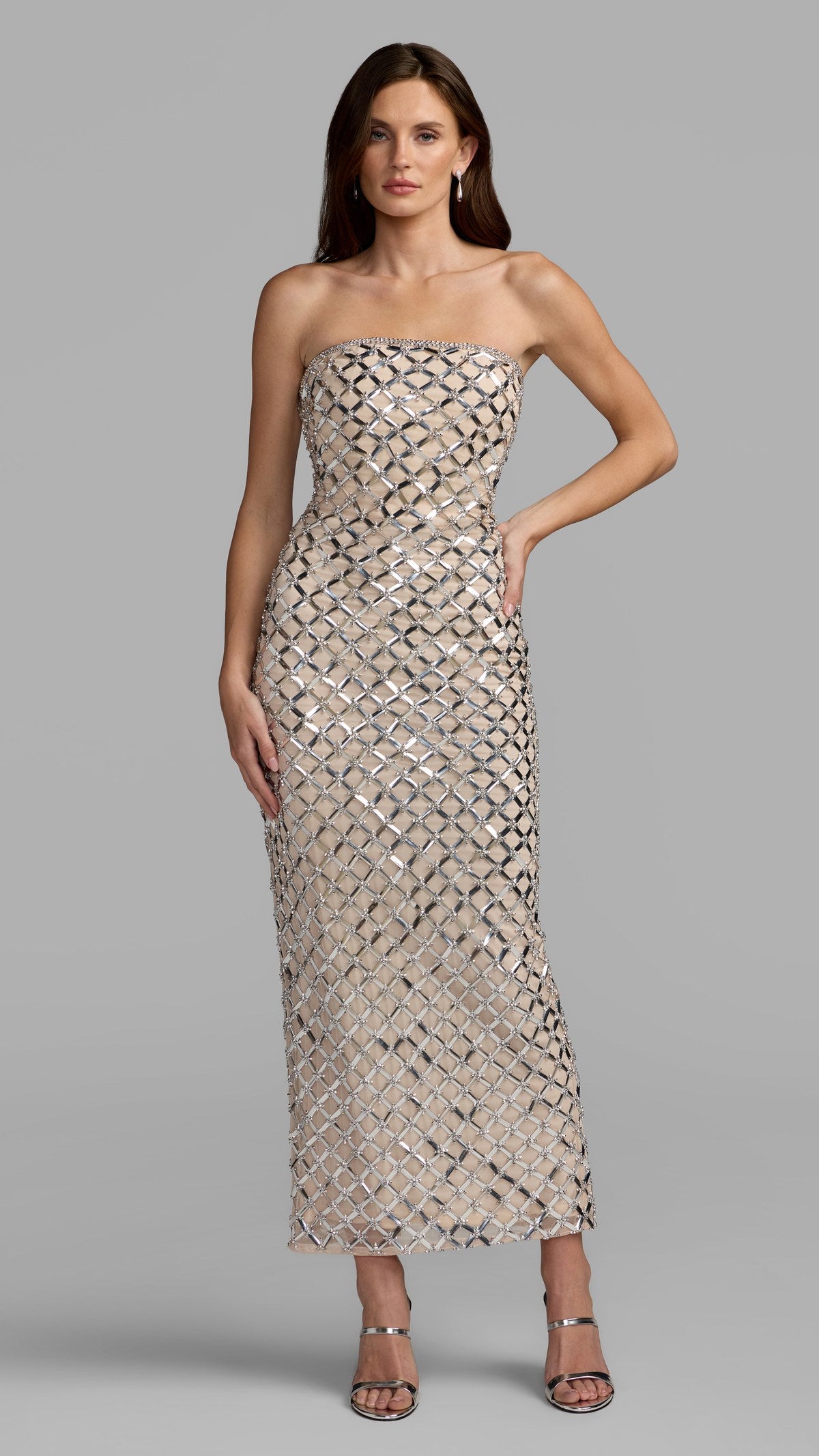 Mac Duggal style 10200 in Nude Silver, front view