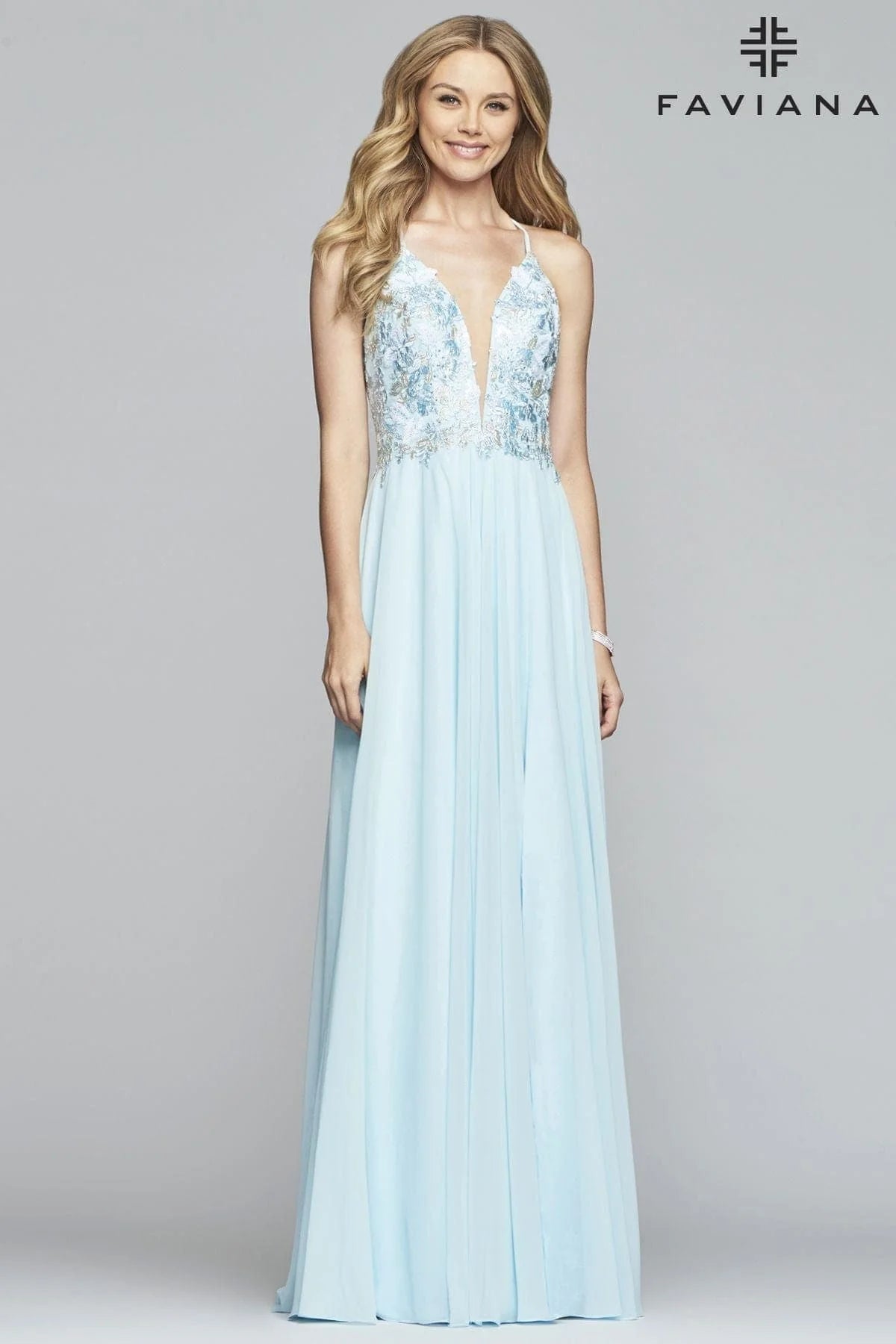 Faviana 10201 Long Formal A Line Applique Slit Prom Dress
