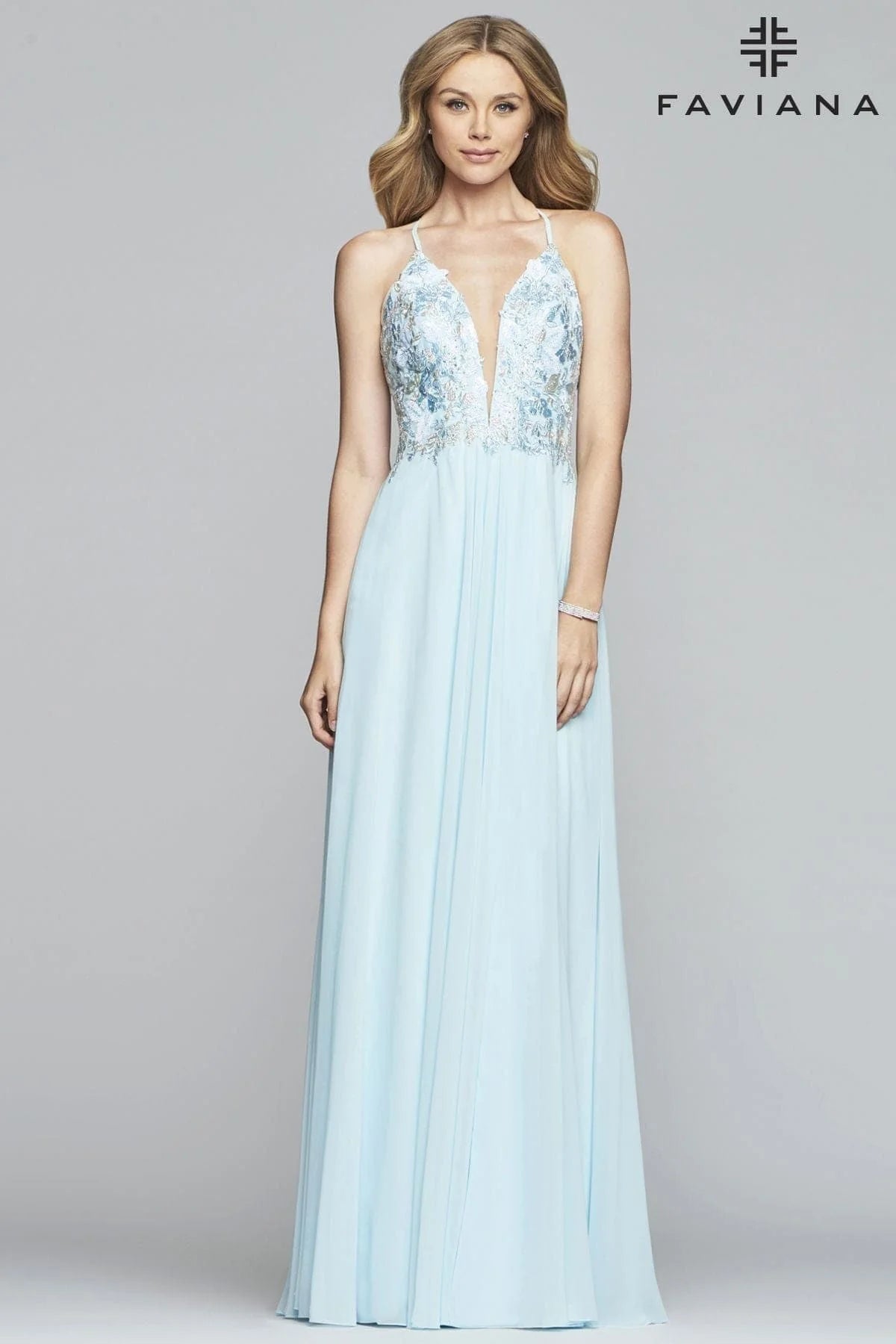 Faviana 10201 Long Formal A Line Applique Slit Prom Dress