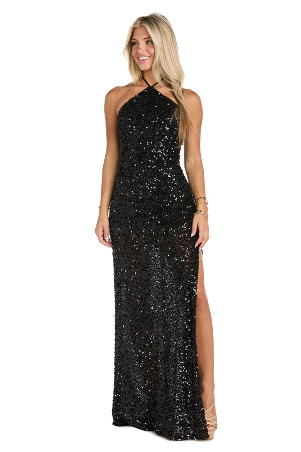 Morgan & Co 10213 Slit Sequin Long Formal Fitted Evening Prom Dress