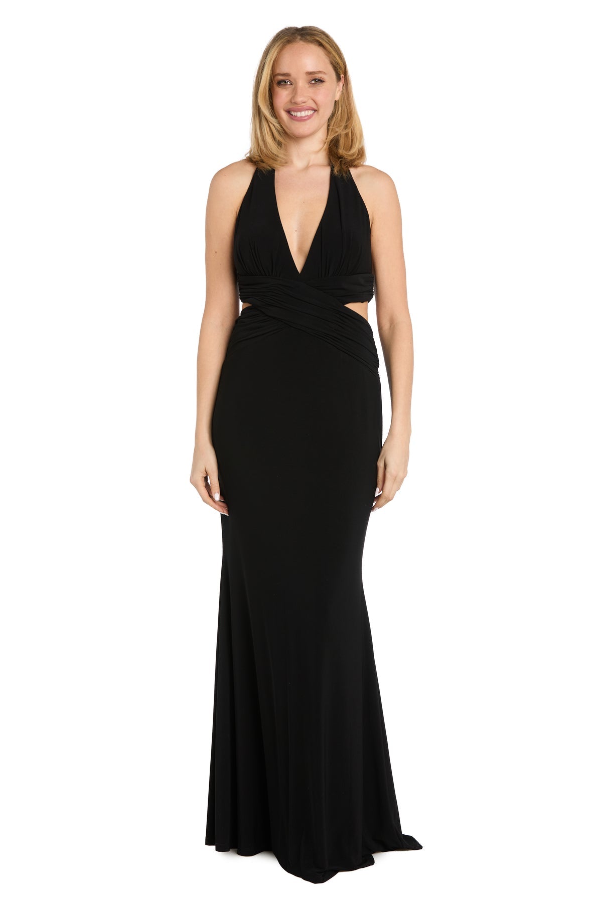 Morgan & Company Juniors' Plunging Cutout-Side Halter Gown - Black - 1 Morgan & Company Juniors' Plunging Cutout-Side Halter Gown - Black - 1
