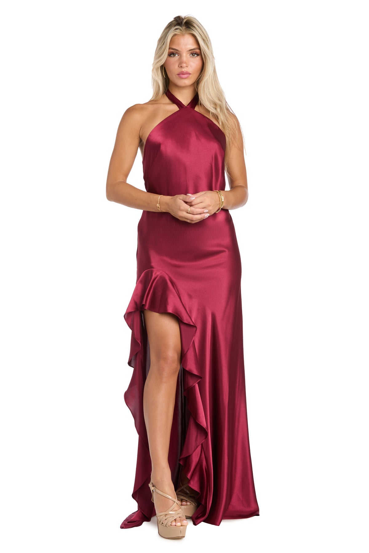 R&M Richards 10220 Fitted Long Formal Ruffle Slit Evening Dress