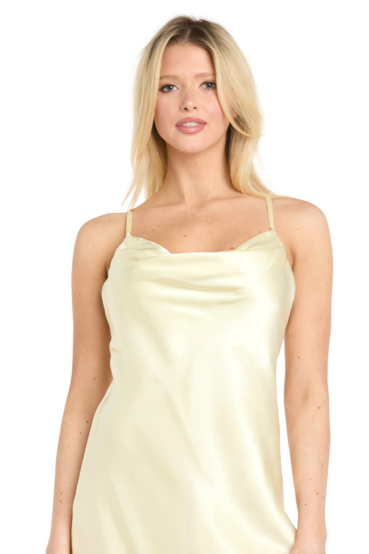 Cowl Neck Midi Satin Cocktail Dress by Morgan & Co 10248 in Cream