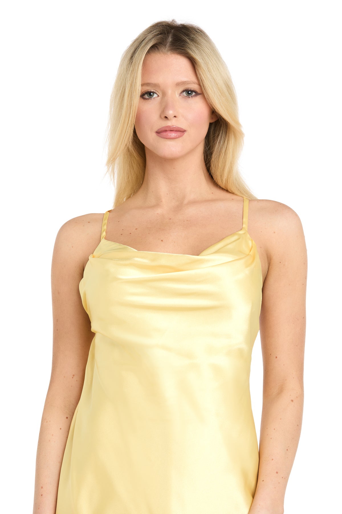 Cowl Neck Midi Satin Cocktail Dress by Morgan & Co 10248 in Lemon