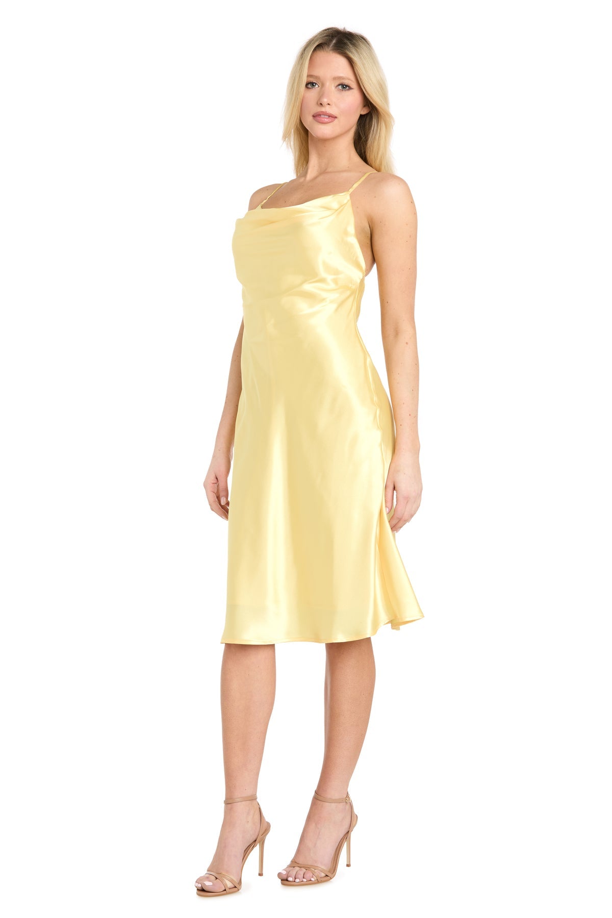 Cowl Neck Midi Satin Cocktail Dress by Morgan & Co 10248 in Lemon
