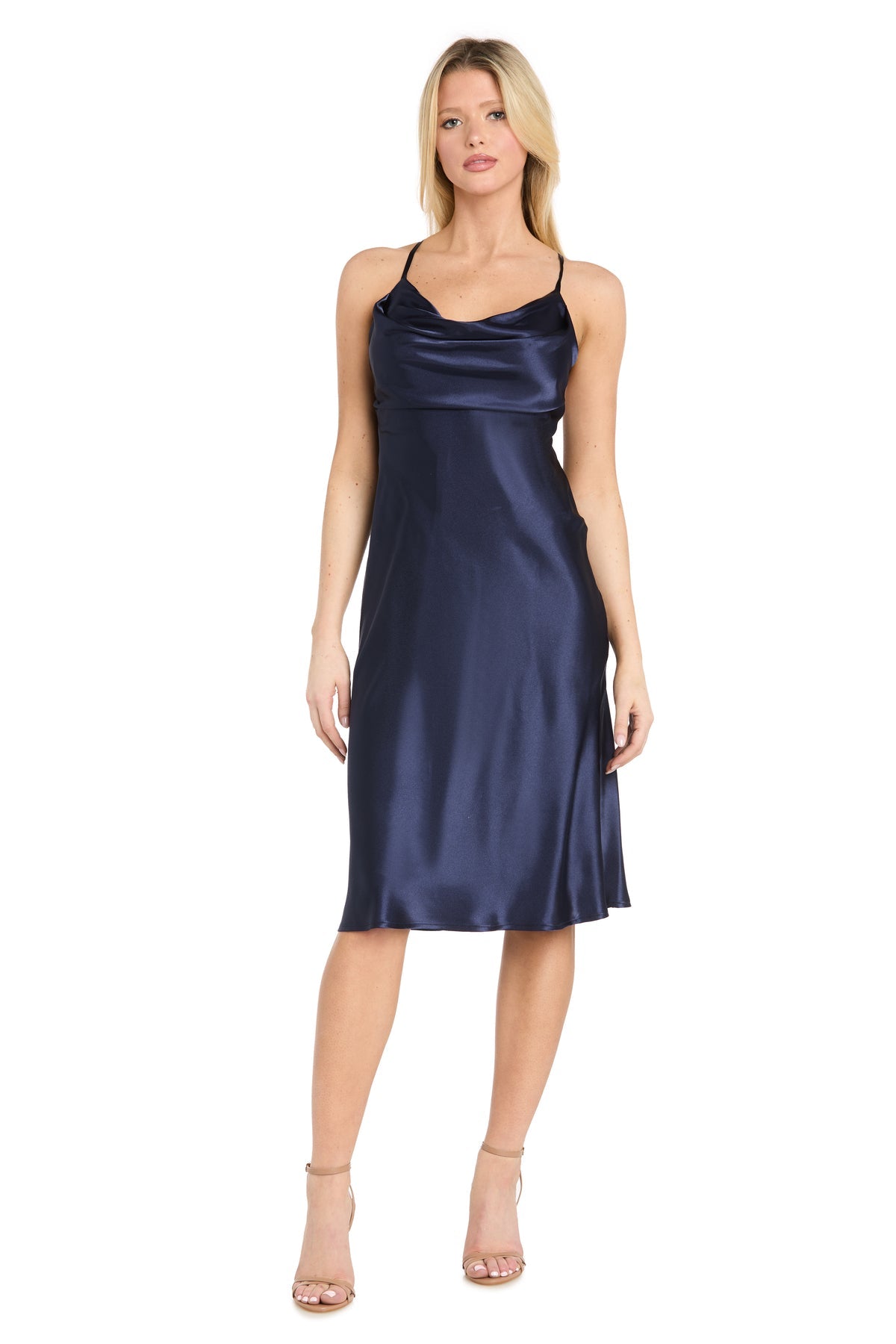 Cowl Neck Midi Satin Cocktail Dress by Morgan & Co 10248 in Navy
