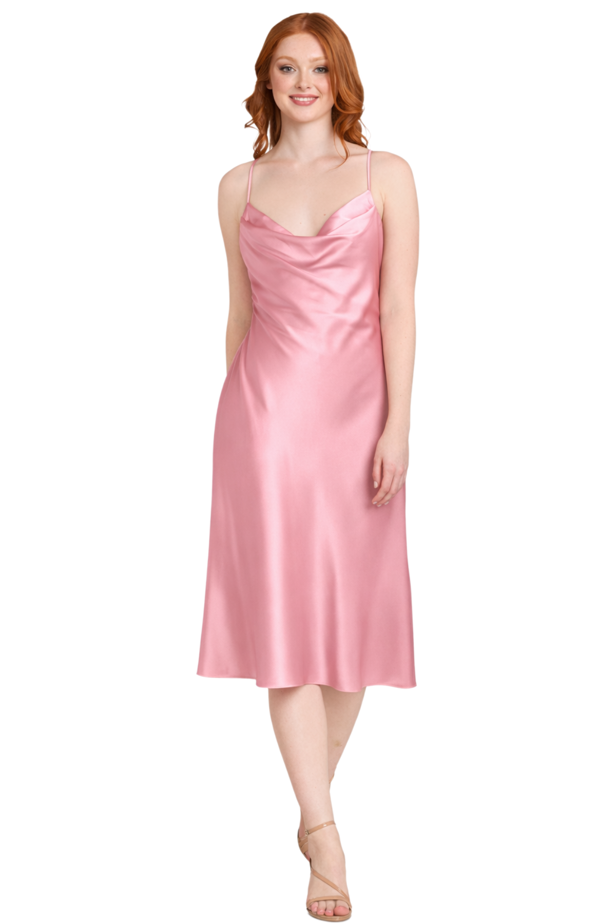Cowl Neck Midi Satin Cocktail Dress by Morgan & Co 10248 in Sherbet