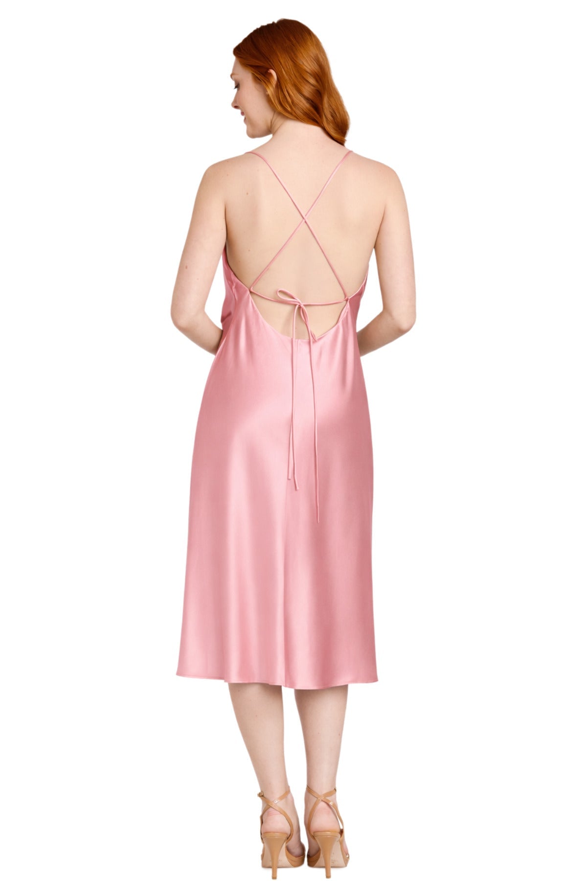 Cowl Neck Midi Satin Cocktail Dress by Morgan & Co 10248 in Sherbet