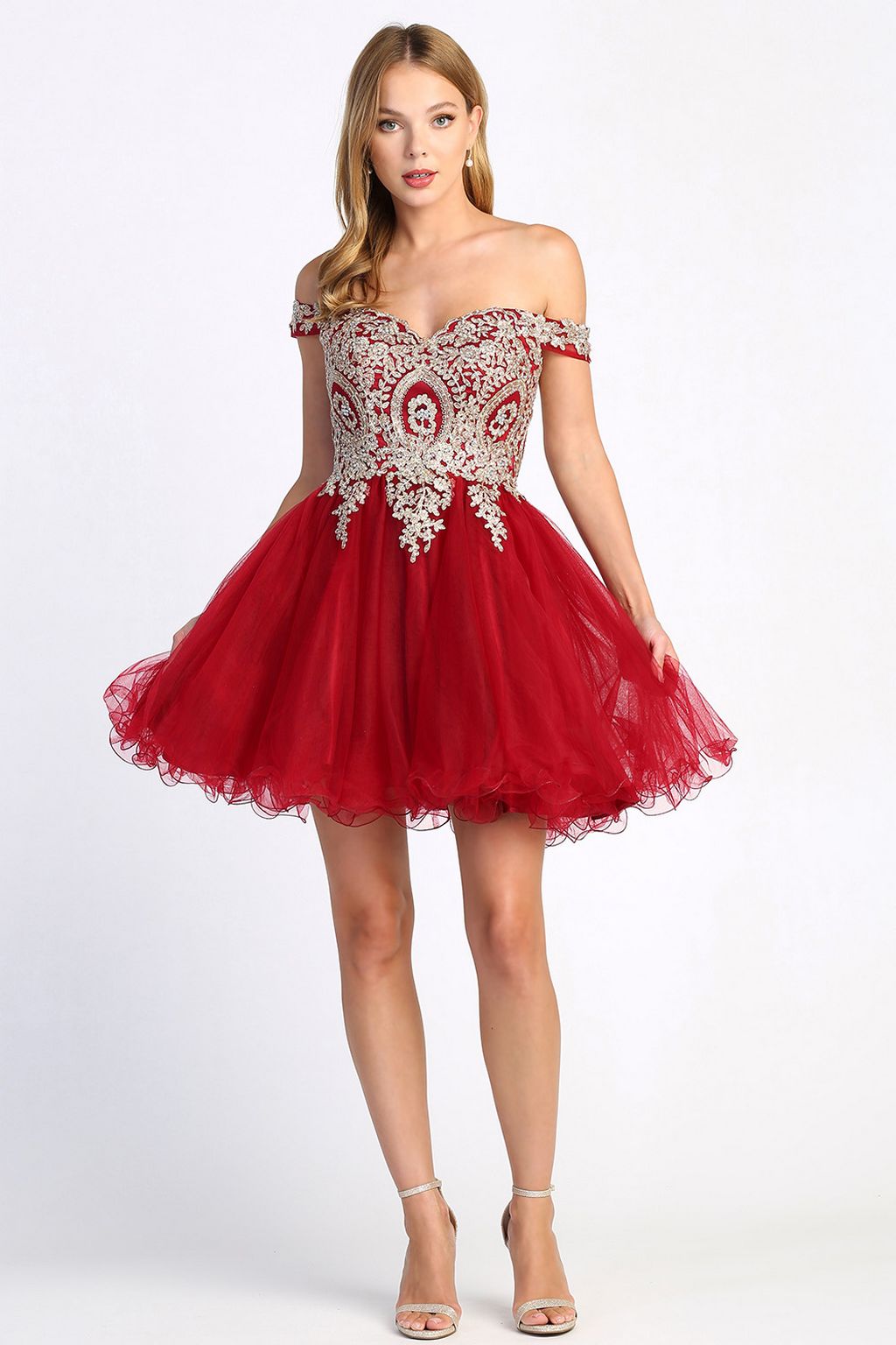 Adora Design 1024 Off Shoulder Applique Ruffled Short Cocktail Dress | Formal Dress Shops Silver/Silver / XL Adora Design 1024 Off Shoulder Applique Ruffled Short Cocktail Dress | Formal Dress Shops Silver/Silver / XL