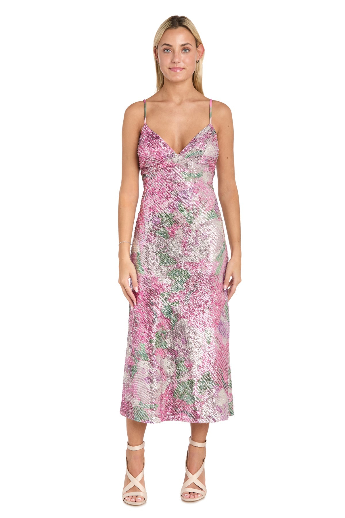 Morgan & Co 10253 Short Floral Sequin Midi Cocktail Dress