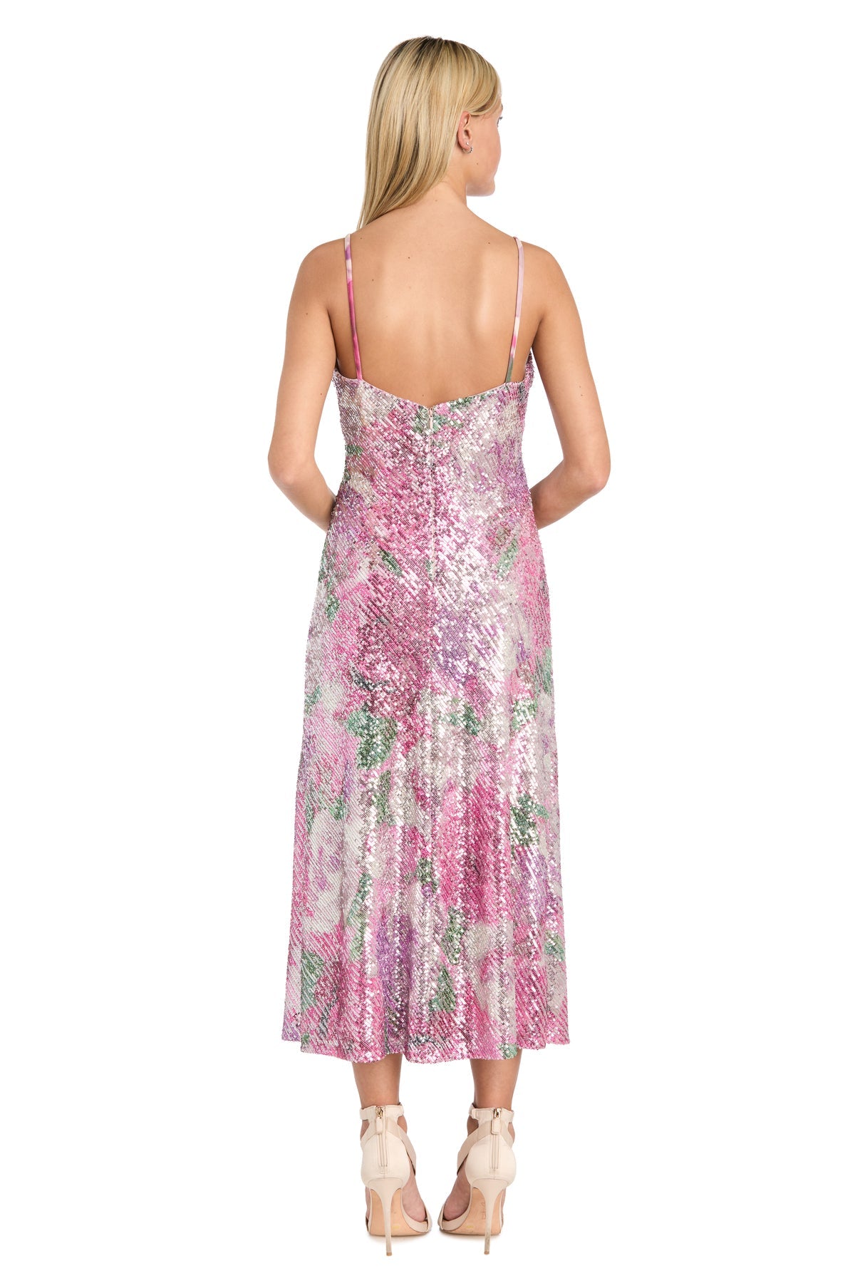 Morgan & Co 10253 Short Floral Sequin Midi Cocktail Dress