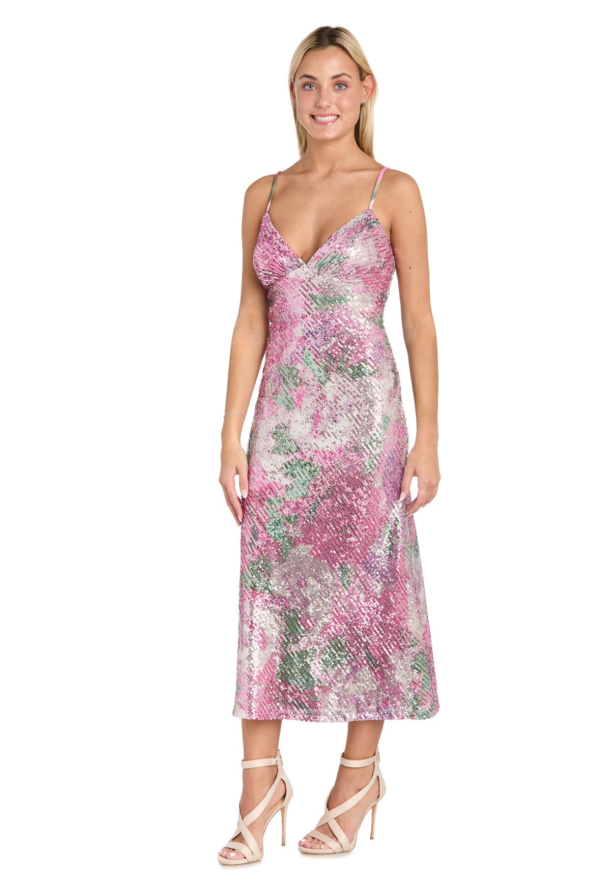 Morgan & Co 10253 Short Floral Sequin Midi Cocktail Dress