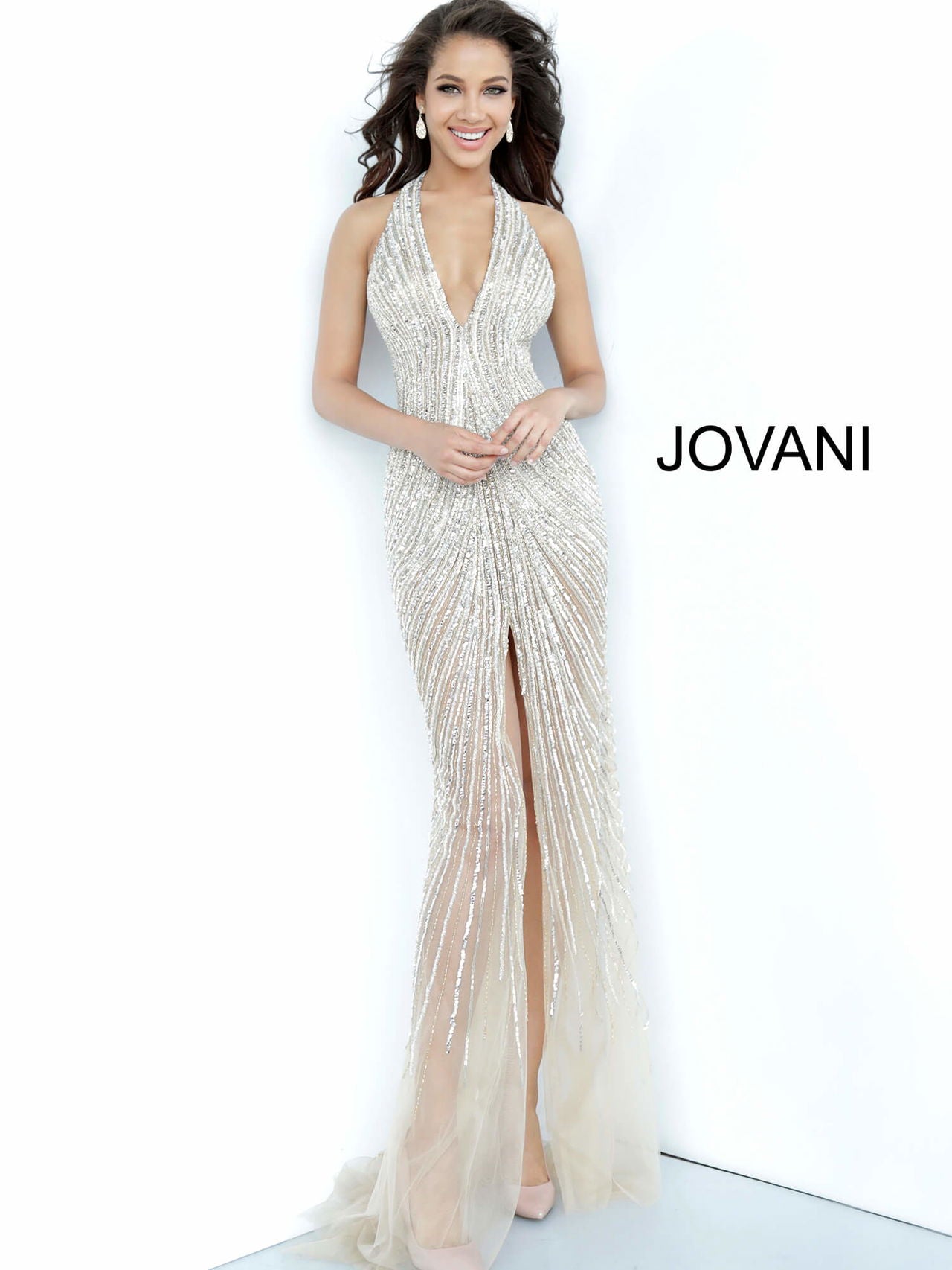 Prom Dresses Long Formal Prom Slit Beaded Dress Nude